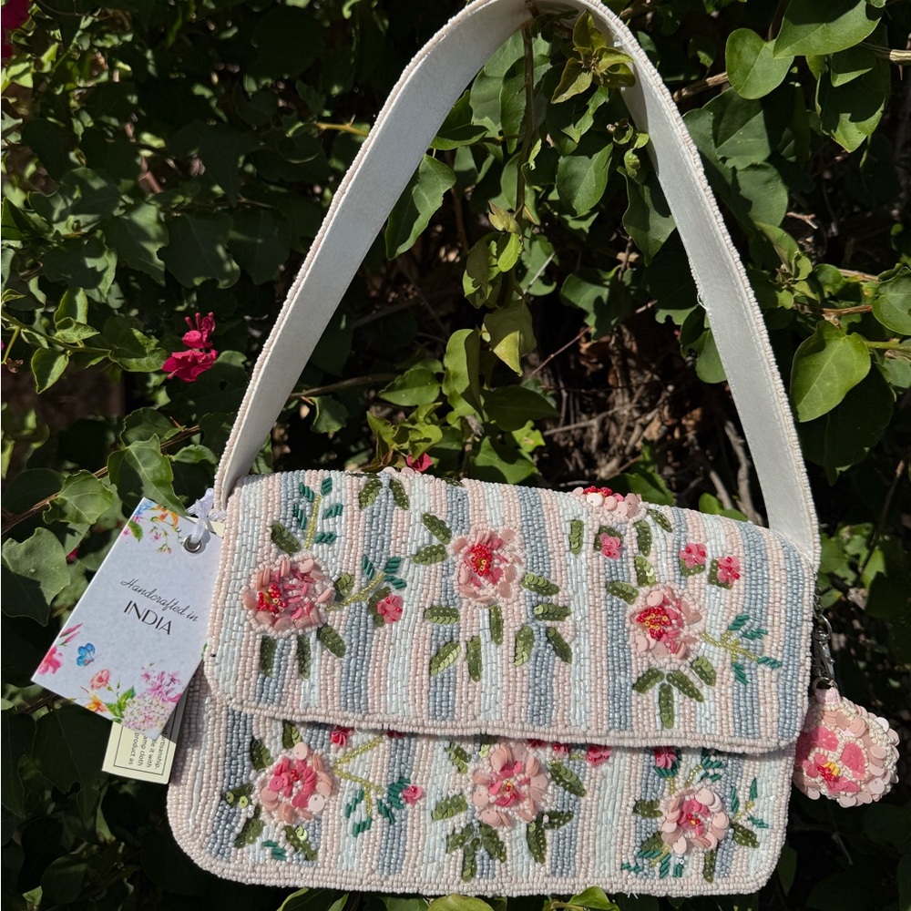 NWT Made in India Floral Coquette Pastel Pink Blue Striped Beaded Shoulder Bag